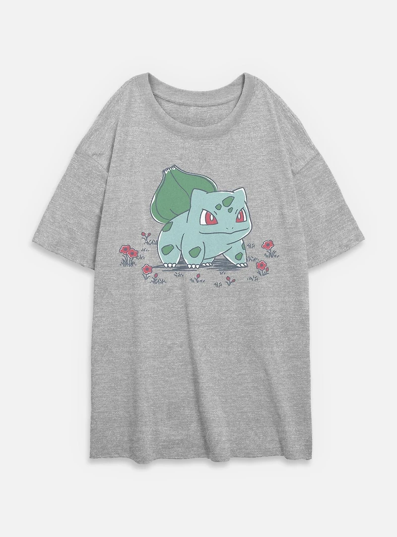 Pokemon Bulbasaur Floral Sketch Womens Oversized T-Shirt