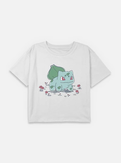 Pokemon Bulbasaur Floral Sketch Youth Girls Boxy Crop T-Shirt