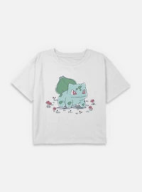 Pokemon Bulbasaur Floral Sketch Youth Girls Boxy Crop T-Shirt