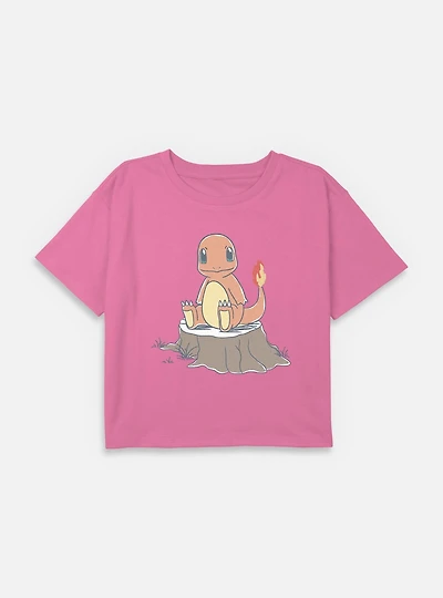 Pokemon Charmander Log Sketch Youth Girls Boxy Crop T-Shirt