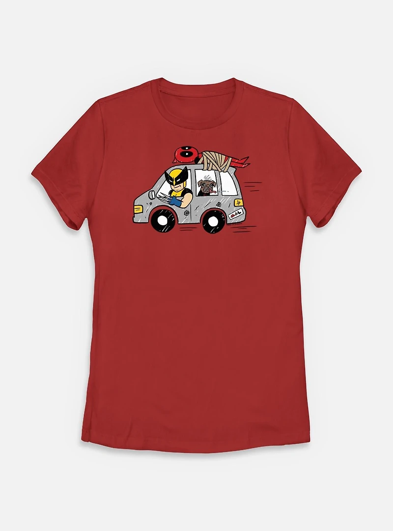 Marvel Deadpool & Wolverine Road Trip With Dogpoo Womens T-Shirt