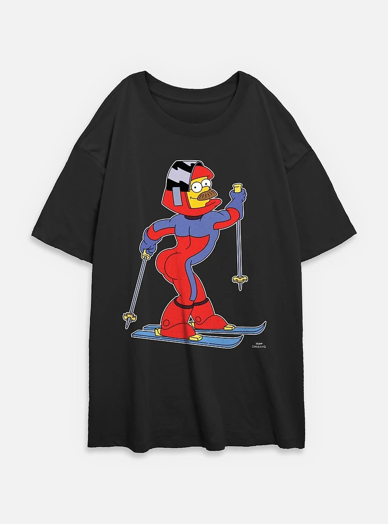 The Simpsons Ned Flanders Skii Skills Womens Oversized T-Shirt