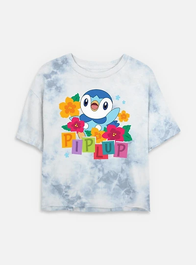 Pokemon Piplup Floral  Tie Dye Crop Womens T-Shirt