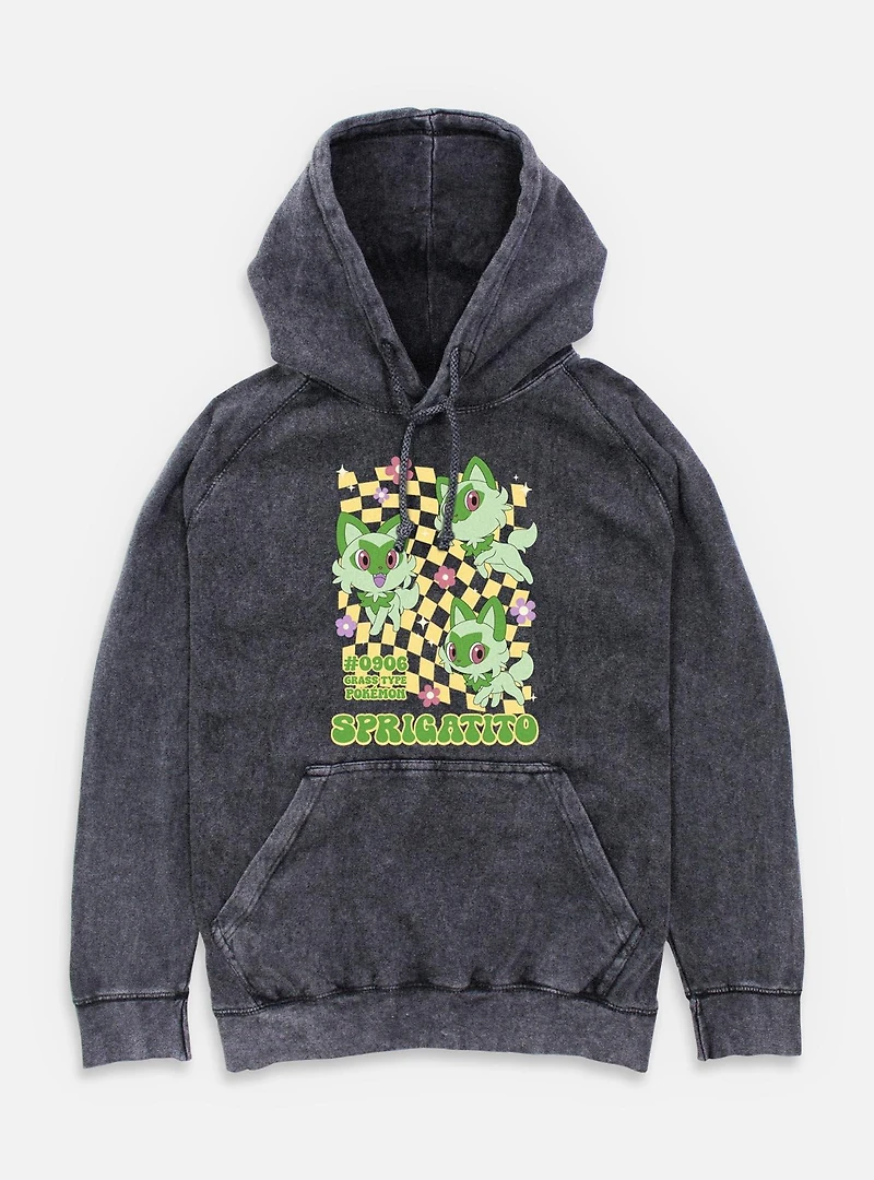 Pokemon Sprigatito Grass Type Checkered Mineral Wash Hoodie