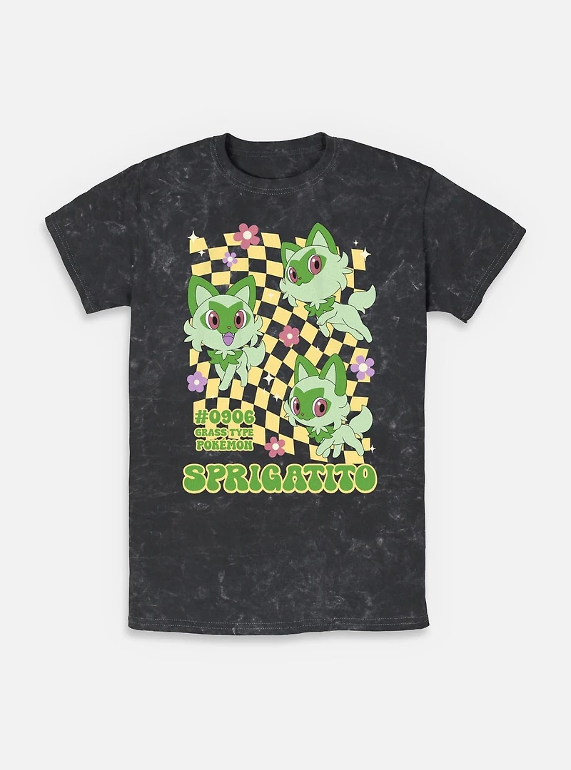 Pokemon Sprigatito Grass Type Checkered Mineral Wash T-Shirt