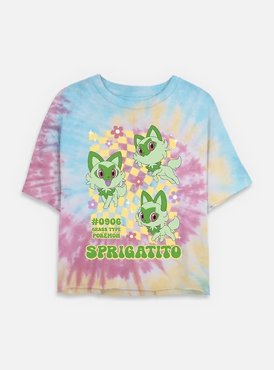 Pokemon Sprigatito Grass Type Checkered Tie Dye Crop Womens  T-Shirt