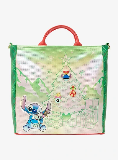 Loungefly Disney Lilo & Stitch Scrump & Stitch Christmas Tree Iridescent Pin Display Convertible Tote Bag