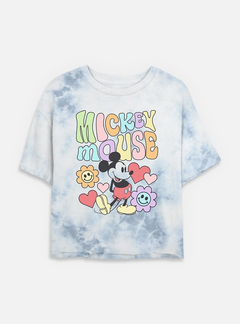 Disney Mickey Mouse Flower Faces Tie Dye Crop Womens T-Shirt