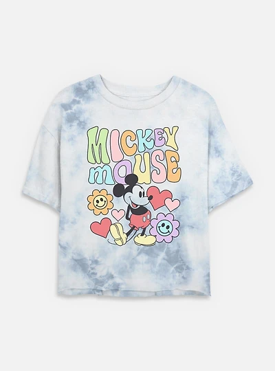 Disney Mickey Mouse Flower Faces Tie Dye Crop Womens T-Shirt