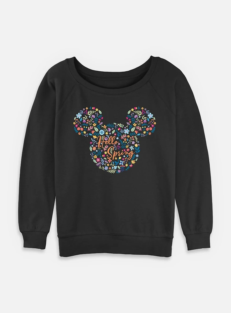 Disney Mickey Mouse Hello Spring Floral Ears  Womens Slouchy Sweatshirt