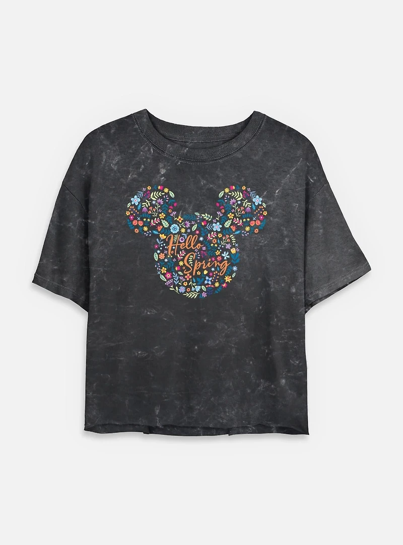 Disney Mickey Mouse Hello Spring Floral Ears  Mineral Wash Womens Crop T-Shirt
