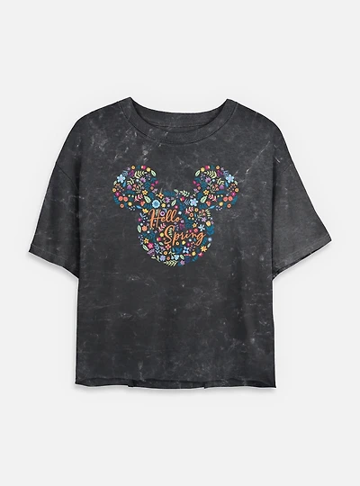 Disney Mickey Mouse Hello Spring Floral Ears  Mineral Wash Womens Crop T-Shirt