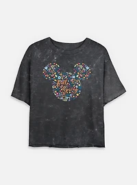 Disney Mickey Mouse Hello Spring Floral Ears  Mineral Wash Womens Crop T-Shirt