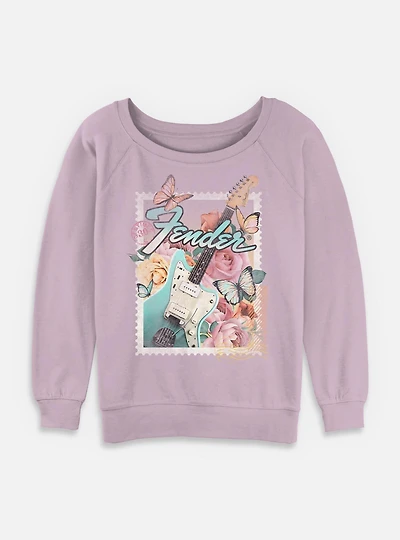 Fender Record Playing Guitar Garment Dye T-Shirt Butterfly Flowers Womens Slouchy Sweatshirt