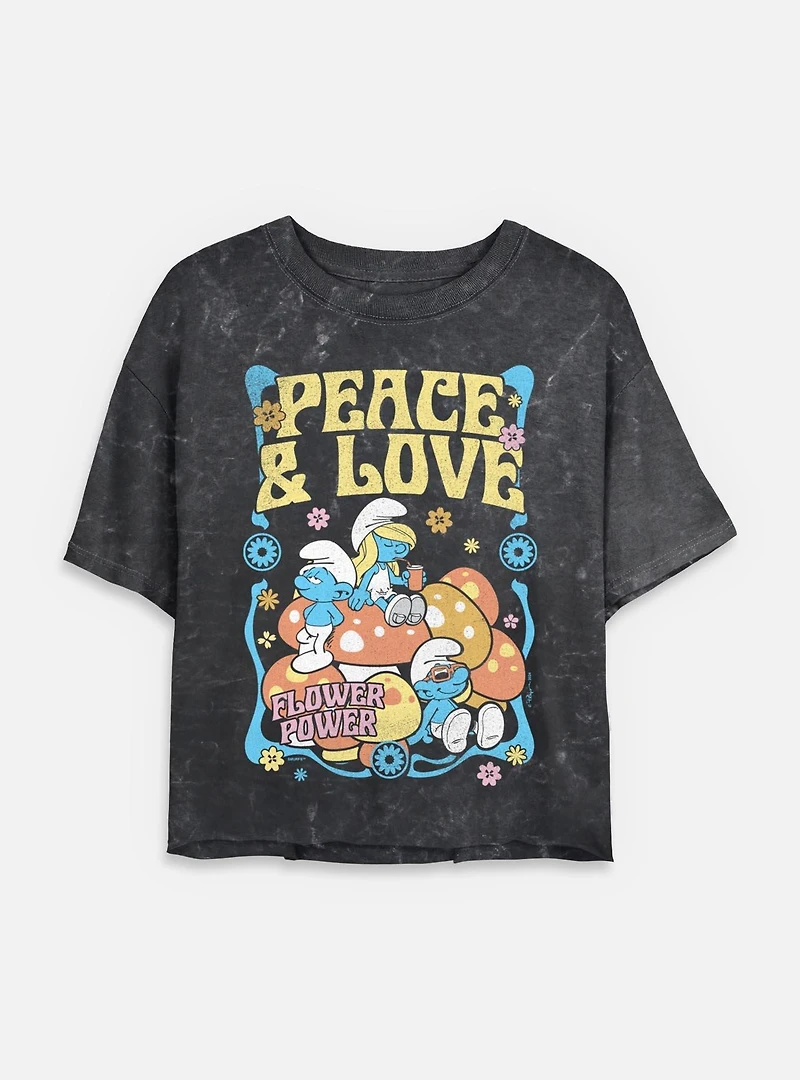 The Smurfs Peace & Love Flower Power Mineral Wash Womens Crop T-Shirt