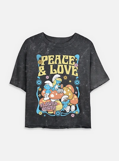 The Smurfs Peace & Love Flower Power Mineral Wash Womens Crop T-Shirt