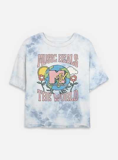 MTV Daisies Girls T-Shirt Plus Music Heals The World Floral Tie Dye Crop Womens