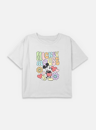 Disney Mickey Mouse Flower Faces Youth Girls Boxy Crop T-Shirt