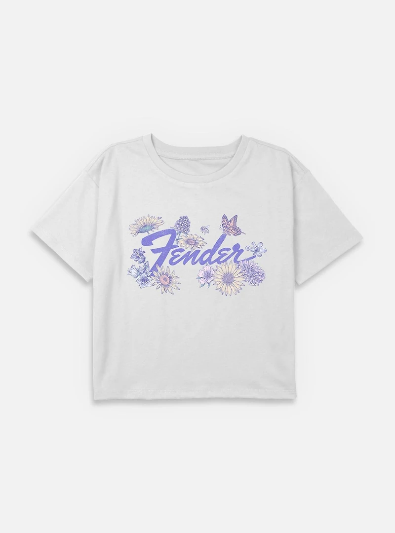 Fender Record Playing Guitar Garment Dye T-Shirt Spring Flowers Youth Girls Boxy Crop