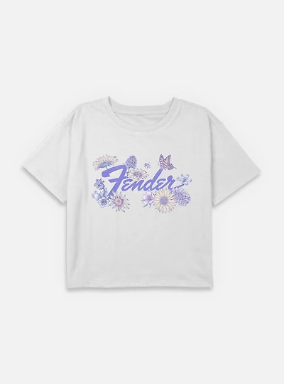 Fender Record Playing Guitar Garment Dye T-Shirt Spring Flowers Youth Girls Boxy Crop