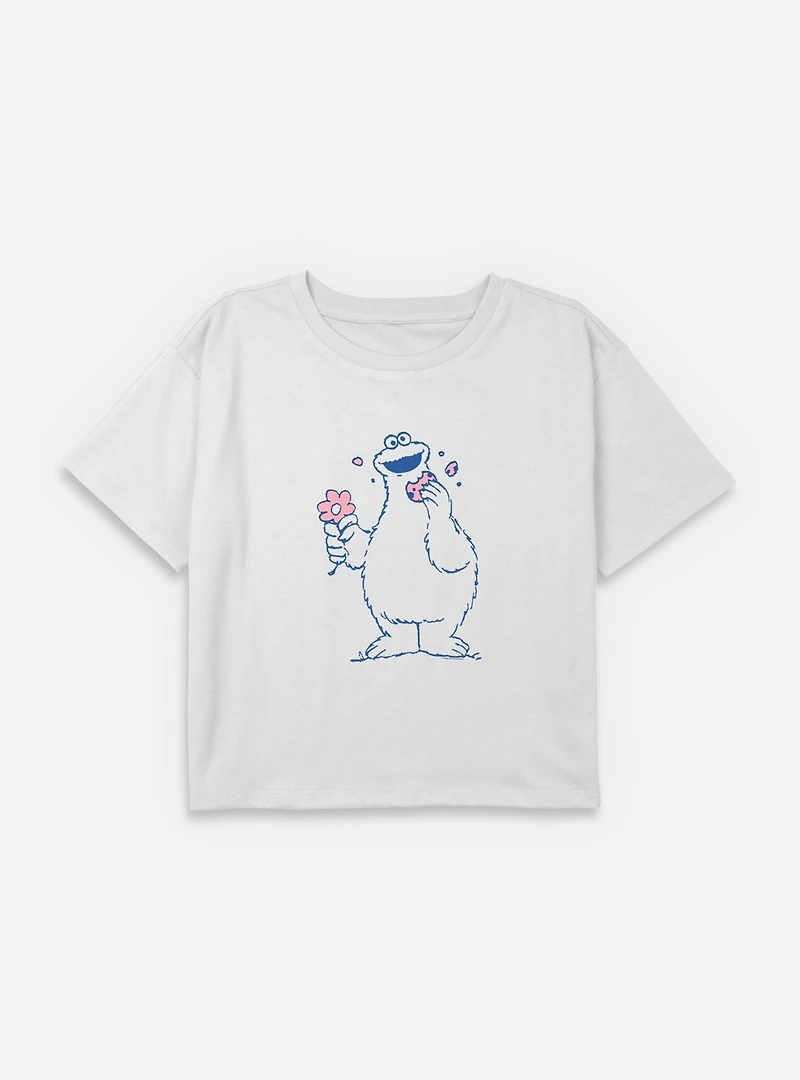 Sesame Street Cookie Monster Flower Youth Girls Boxy Crop T-Shirt