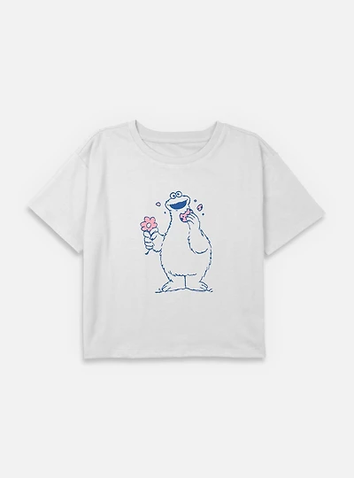Sesame Street Cookie Monster Flower Youth Girls Boxy Crop T-Shirt