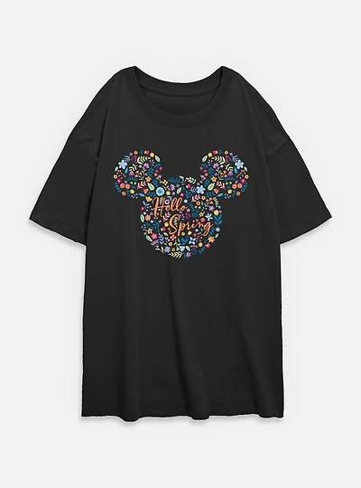 Disney Mickey Mouse Hello Spring Floral Ears  Womens Oversized T-Shirt
