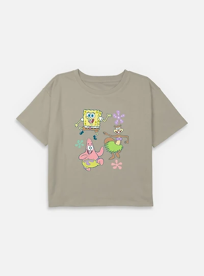 Spongebob Squarepants Floral Vibing  Youth Girls Boxy Crop T-Shirt