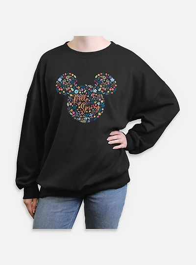 Disney Mickey Mouse Hello Spring Floral Ears  Womens Oversized Sweatshirt