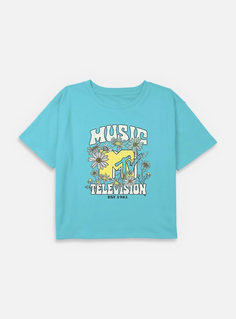 MTV Daisies Girls T-Shirt Plus Logo Flowers Youth Boxy Crop