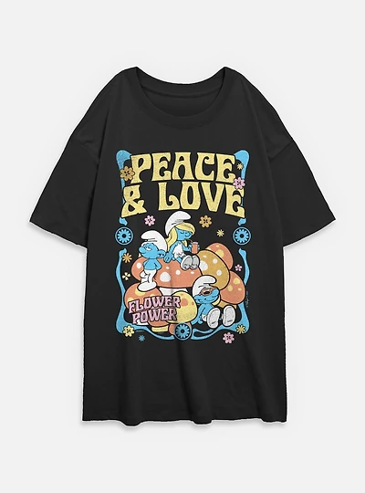 The Smurfs Peace & Love Flower Power Womens Oversized T-Shirt