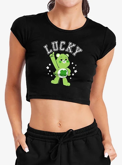 Care Bears Good Luck Bear Lucky Cap Sleeve Baby Rib Women's Crop Top Black