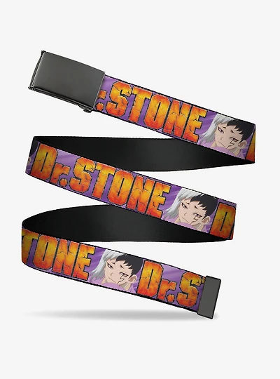 Dr. Stone Title Logo & Gen Asagiri Face Purples Flip Web Belt