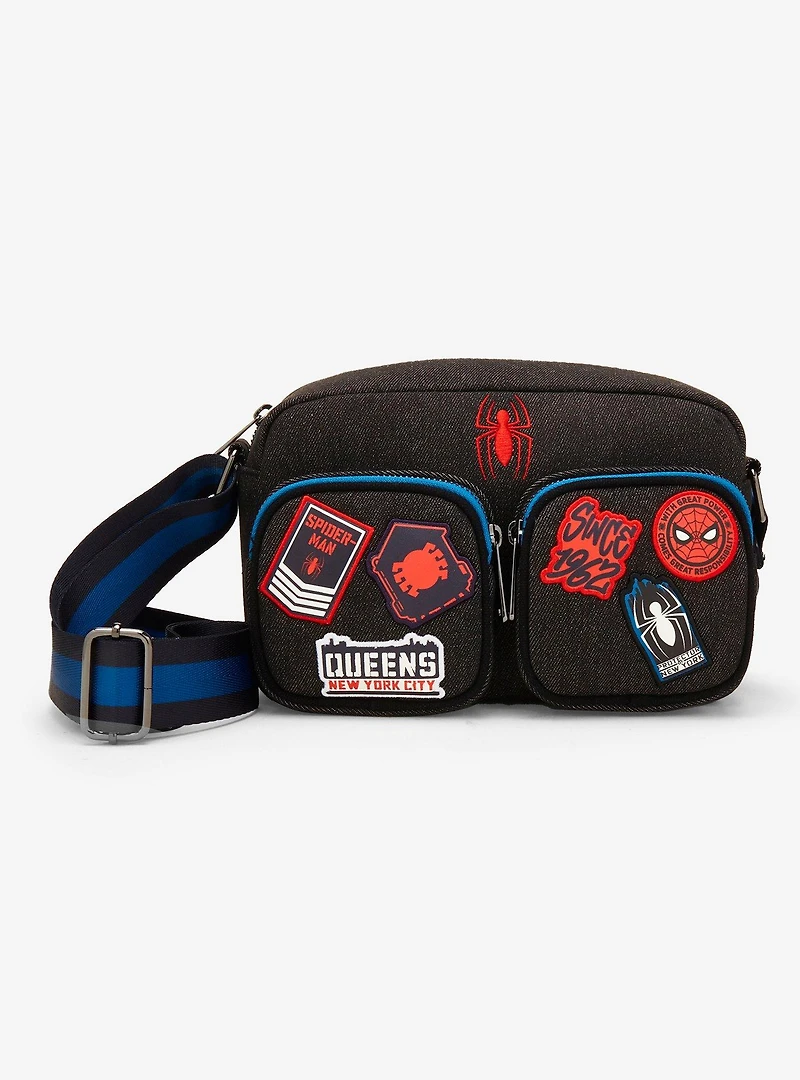 Loungefly Marvel Spider-Man Patches Denim Crossbody Bag - BoxLunch Exclusive
