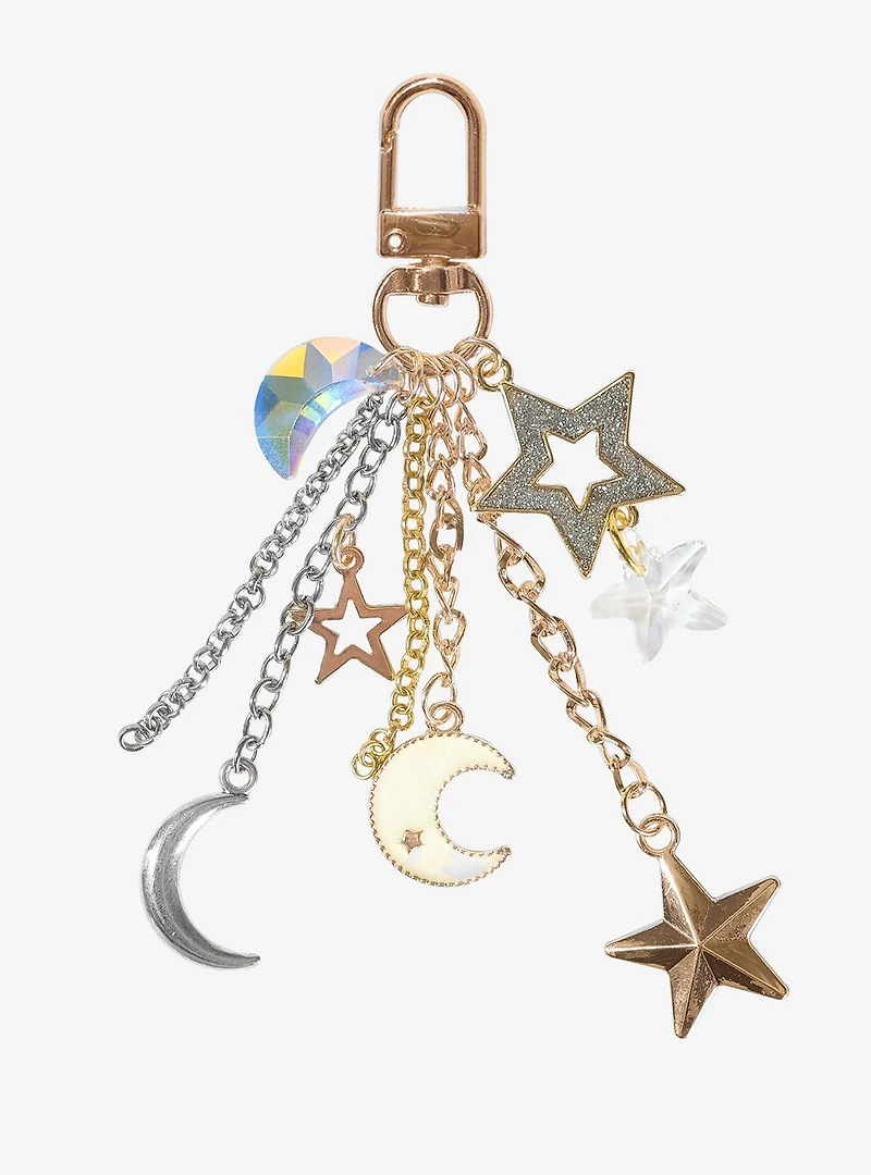 Crescent Moon & Stars Gold Multi-Charm Keychain