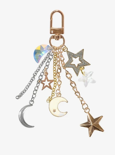 Crescent Moon & Stars Gold Multi-Charm Keychain