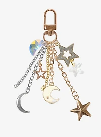 Crescent Moon & Stars Gold Multi-Charm Keychain