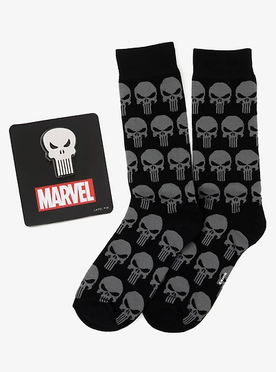 Marvel Punisher Black Socks and Silver Lapel Pin Set