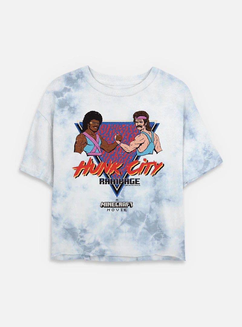 A Minecraft Movie Hunk City Rampage Womens Tie-Dye Crop T-Shirt