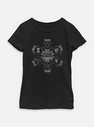 Marvel Thunderbolts* Disposable Delinquents Logos Youth Girls T-Shirt