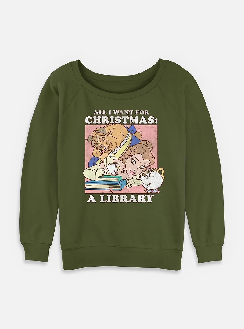 Disney Princesses A Library Christmas Present Womens Slouchy Sweatshirt