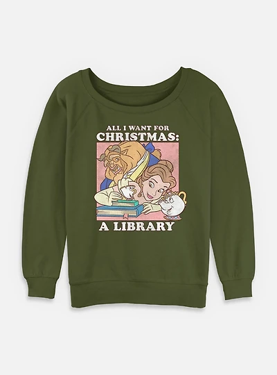 Disney Princesses A Library Christmas Present Womens Slouchy Sweatshirt
