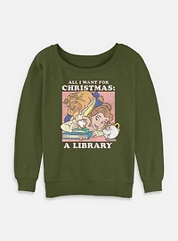 Disney Princesses A Library Christmas Present Womens Slouchy Sweatshirt