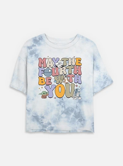 Star Wars The Mandalorian May Fourth Groovy Text Womens Tie-Dye Crop T-Shirt