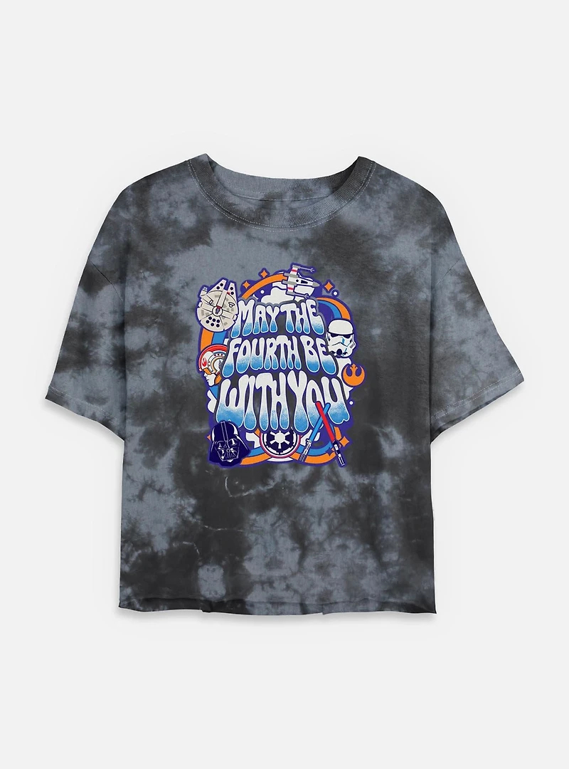 Star Wars Bubble Text May The Fourth Womens Tie-Dye Crop T-Shirt