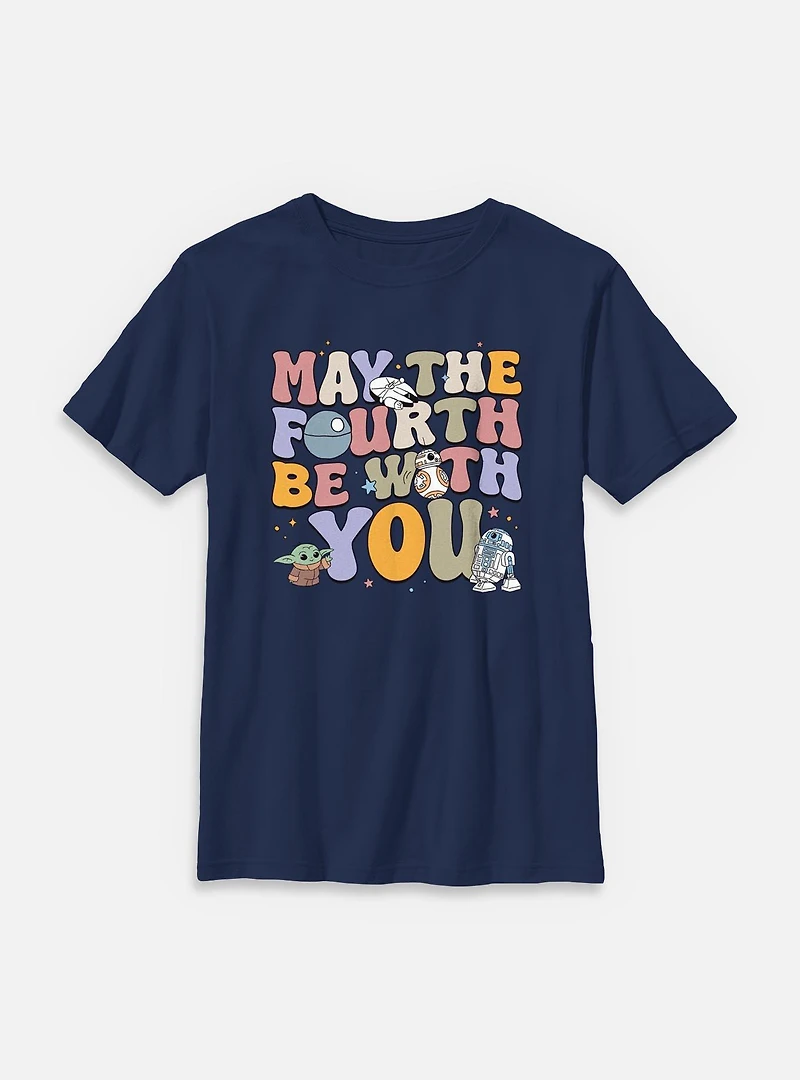 Star Wars The Mandalorian May Fourth Groovy Text Youth T-Shirt