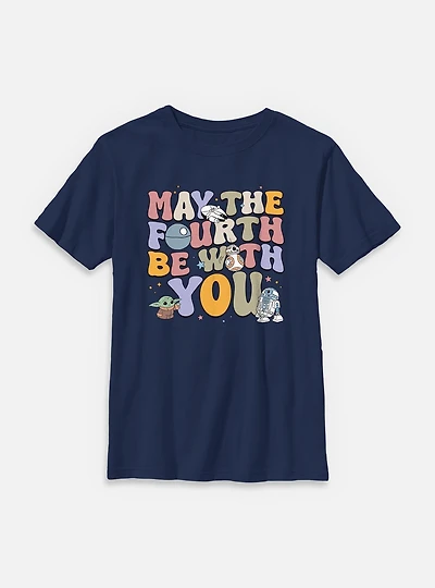 Star Wars The Mandalorian May Fourth Groovy Text Youth T-Shirt