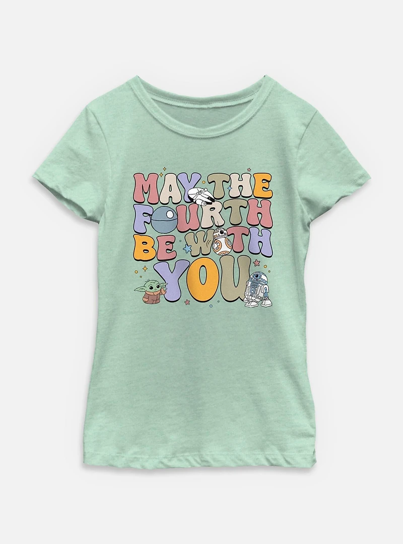 Star Wars The Mandalorian May Fourth Groovy Text Youth Girls T-Shirt