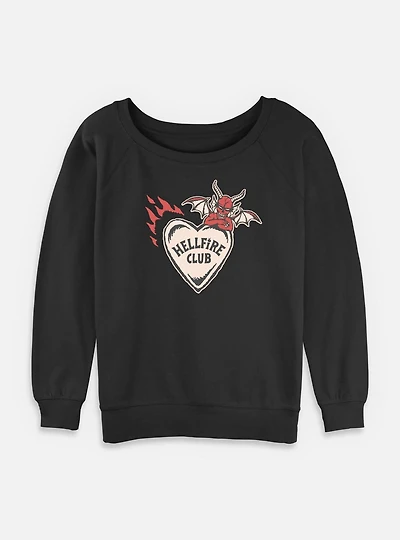 Stranger Things Hellfire Club Devil Heart Womens Slouchy Sweatshirt