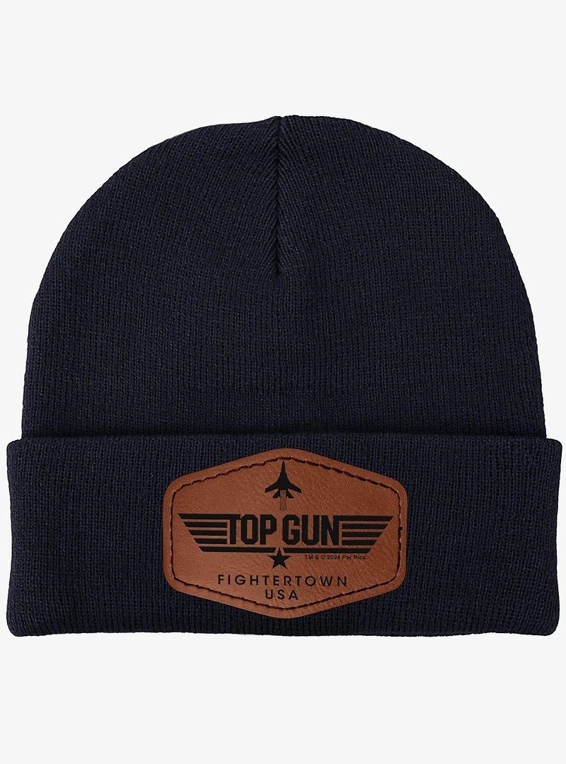 Top Gun Fightertown USA Stripe Logo Leather Patch Knit Beanie